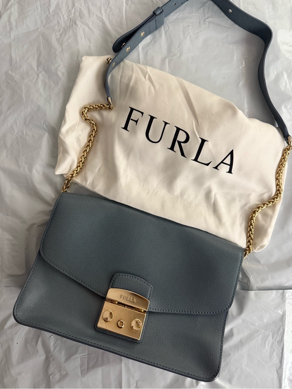 Furla Slate Blue Leather Shoulder Bag with Gold Hardware